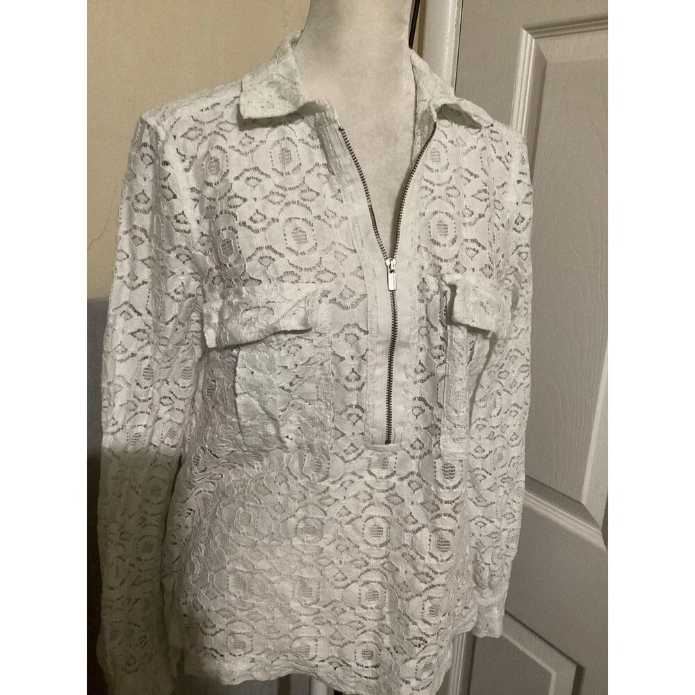 BCBGMAXAZRIA Lace Half Zip Shirt Womens Small White Sheer Collared Long Sleeve - Picture 2 of 7